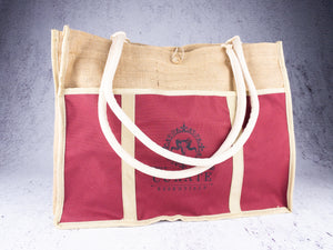 red and tan curate essentials jute tote bag