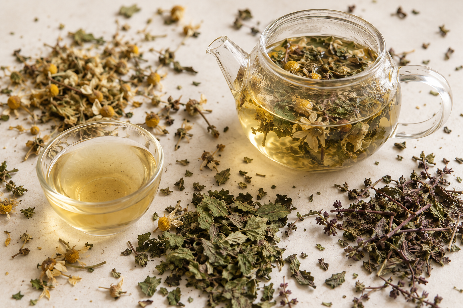 A clear glass teapot filled with brewed herbal tea and a small glass cup of tea, surrounded by loose dried herbs and flowers on a light surface.