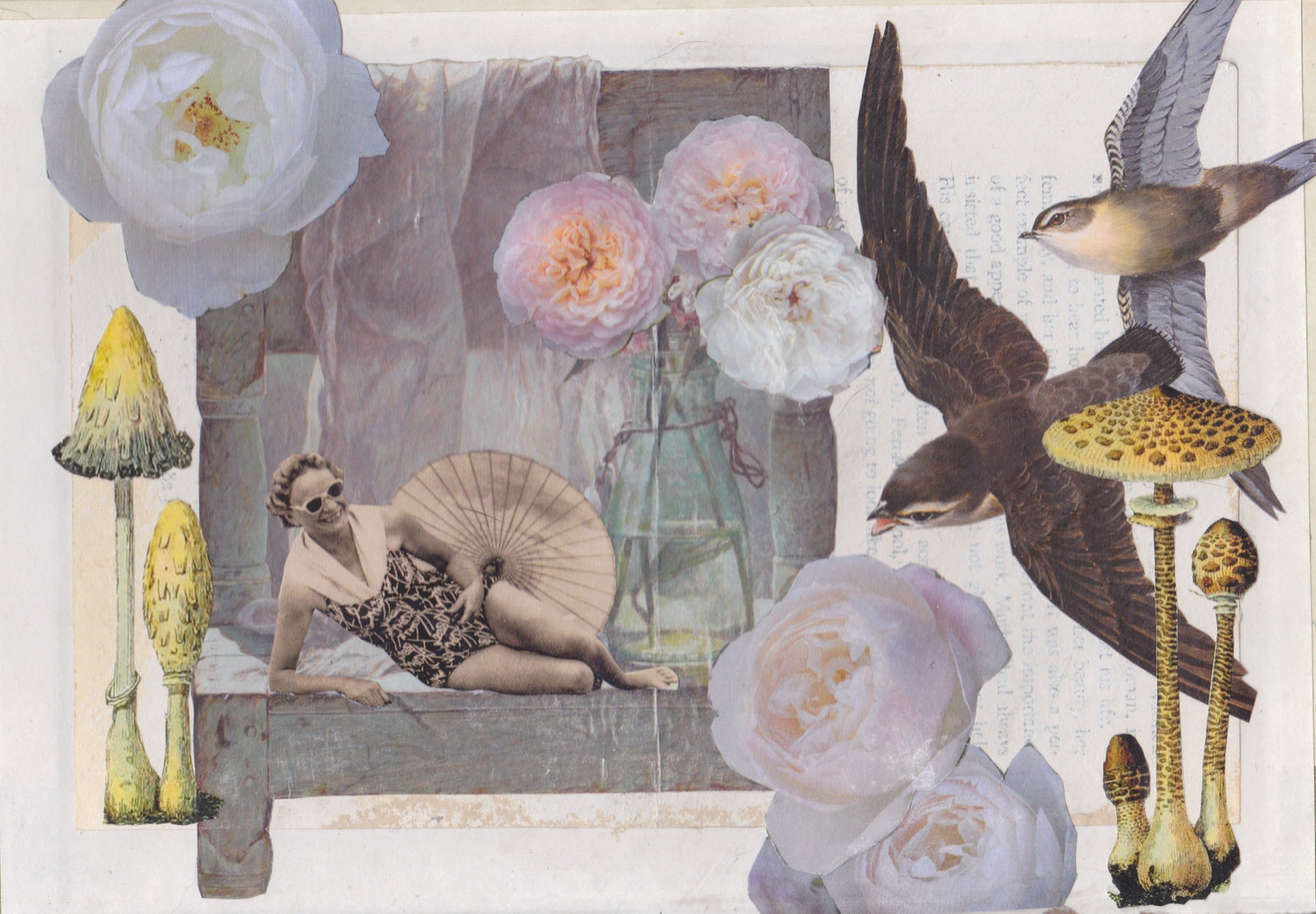 Collage with birds, flowers, and a textured brown fabric background