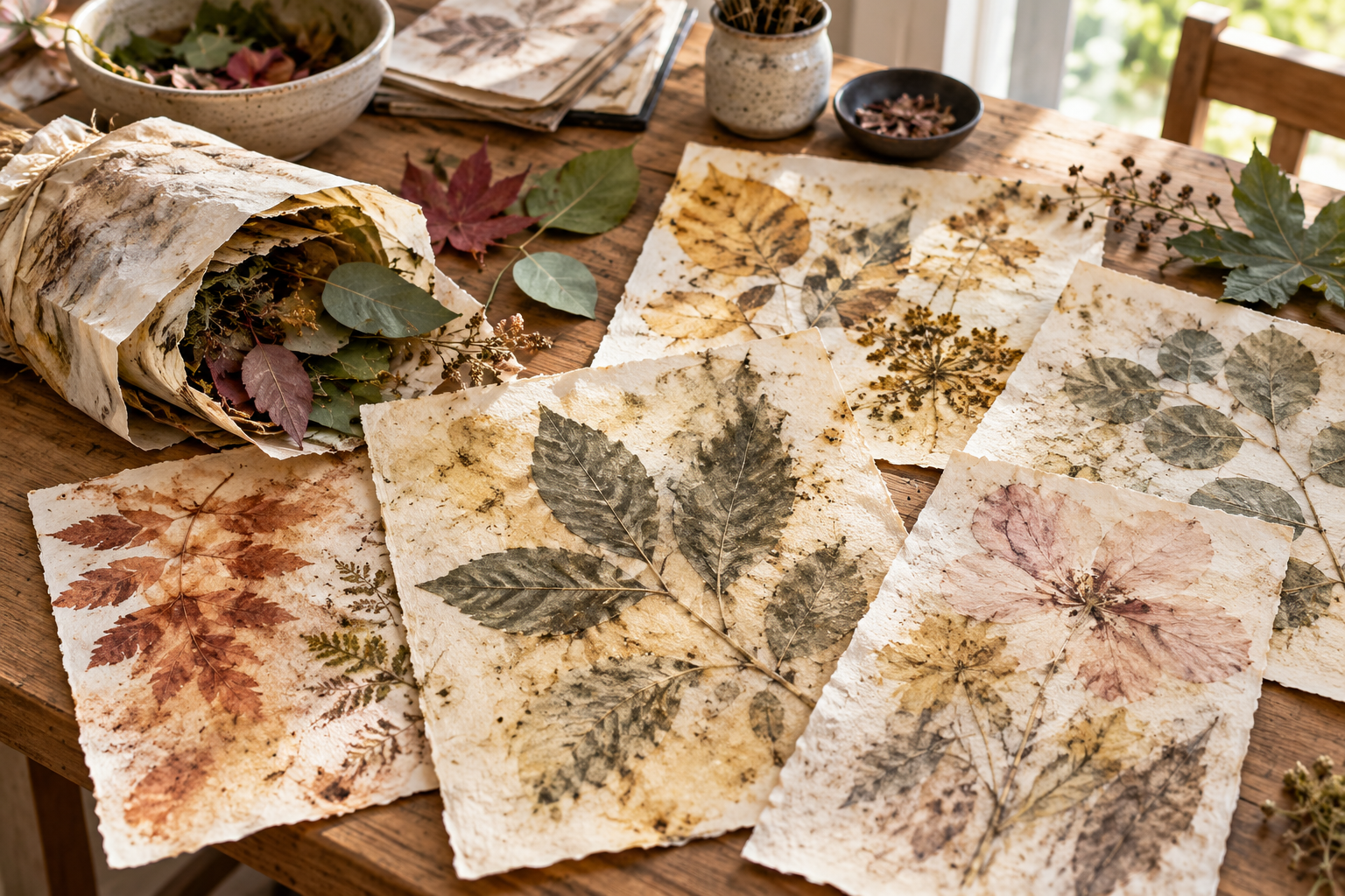 A styled tabletop display of pressed botanical art prints and a matching paper wrap bundle, featuring dried leaves, flowers, and herbs arranged on a wooden table with small bowls and natural elements in the background.