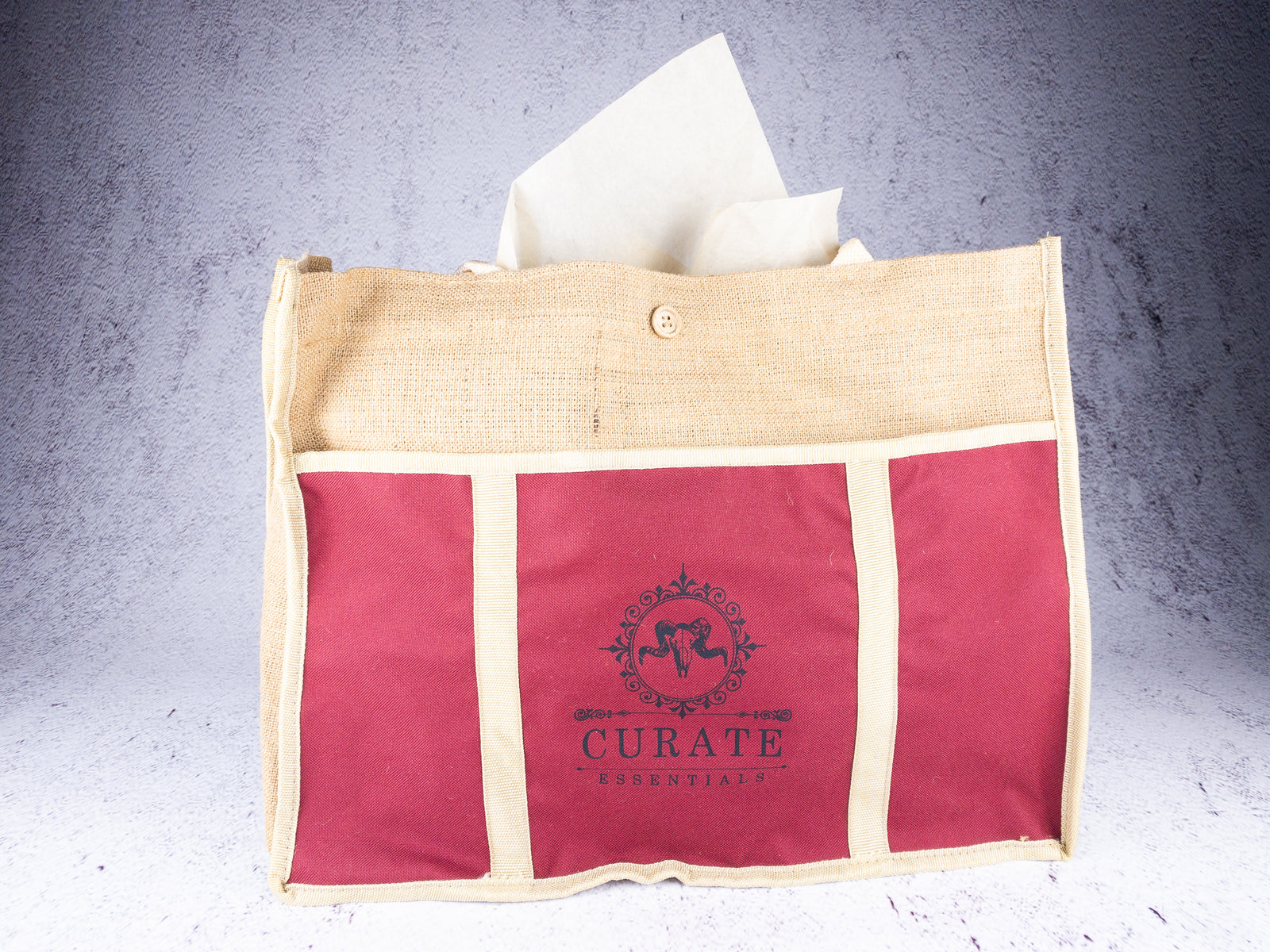 curate crest jute tote bag